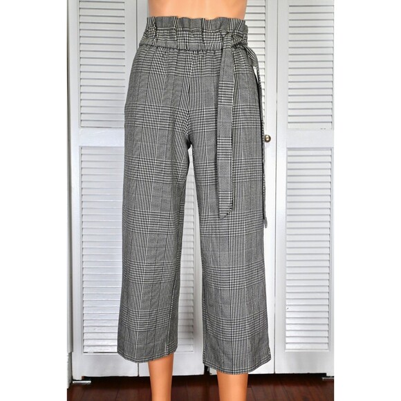 Zara Pants - ZARA TRF Plaid Paperbag Waist Cropped Pants Belted Wide Leg XS